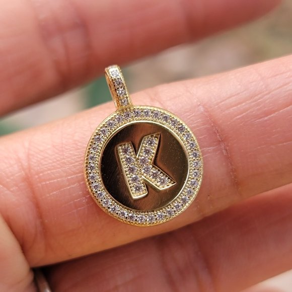 Shiny letter K pave set CZ diamonds 925 sterling silver gold vermeil disc neckla - Picture 2 of 10